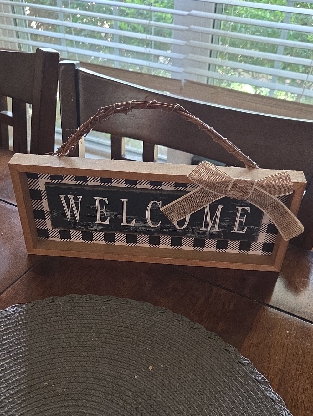 Welcome Buffalo Check Hanging Sign - Rustic Cream and Black